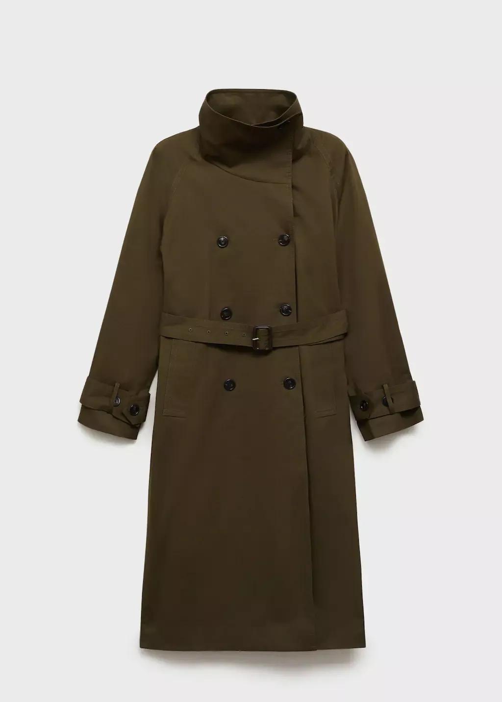 Khaki Long Double-Breasted Trench Coat, , large image number 4