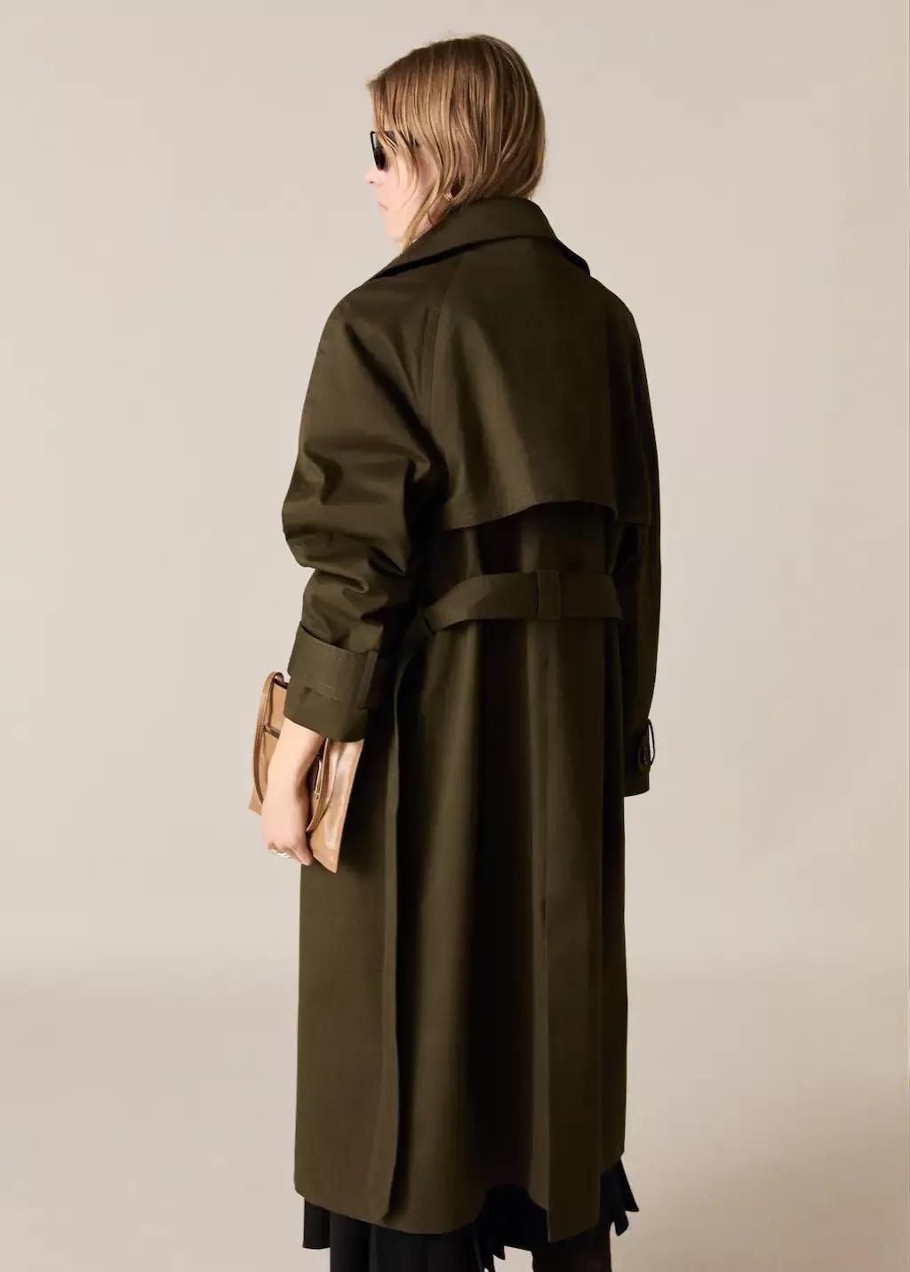 Khaki Long Double-Breasted Trench Coat, , large image number 8