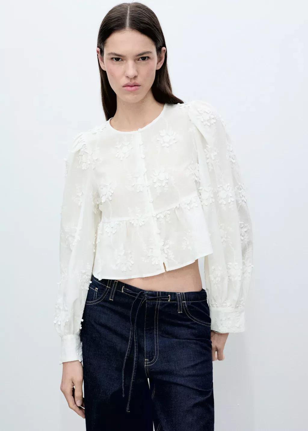 White Embroidered Cropped Blouse, , medium