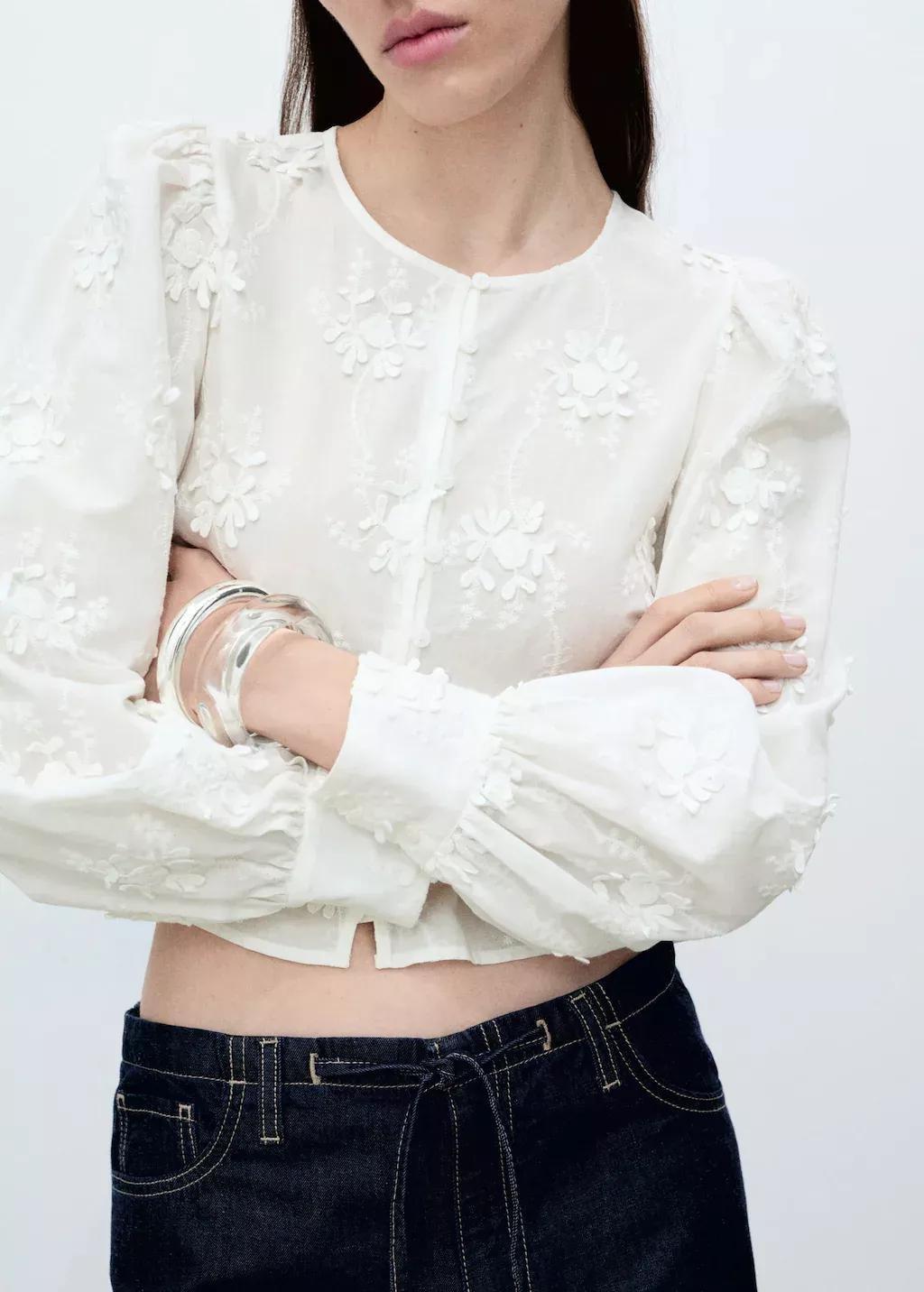 White Embroidered Cropped Blouse, , large image number 1