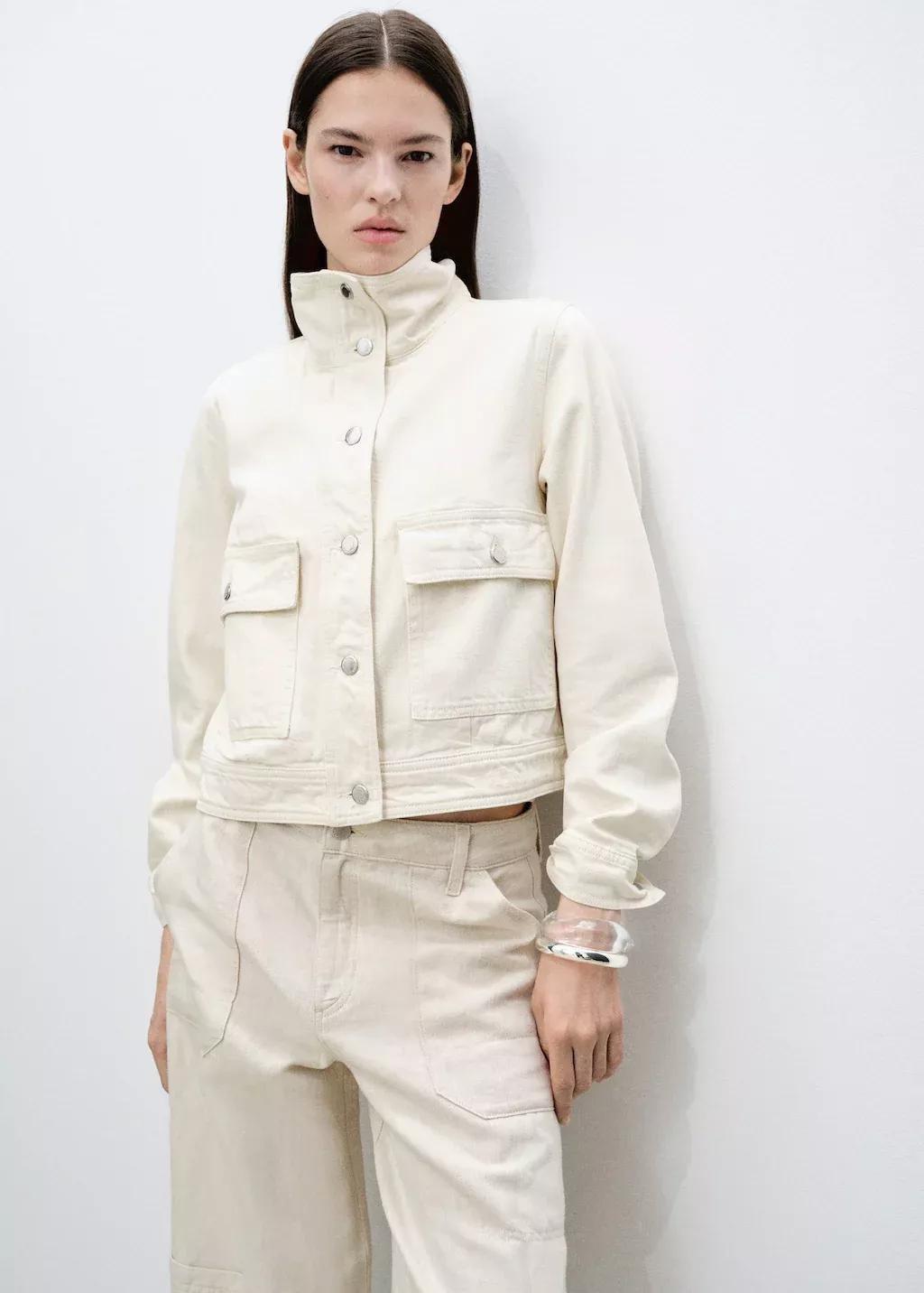 White Cotton Jacket With High Collar And Pockets, , large image number 0