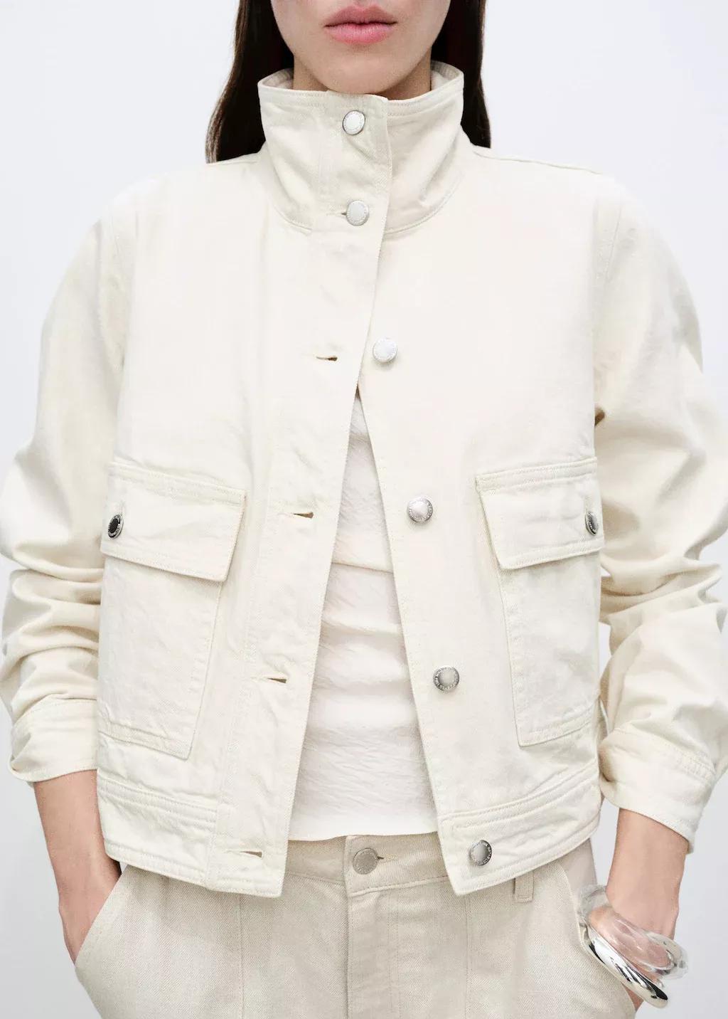 White Cotton Jacket With High Collar And Pockets, , large image number 2