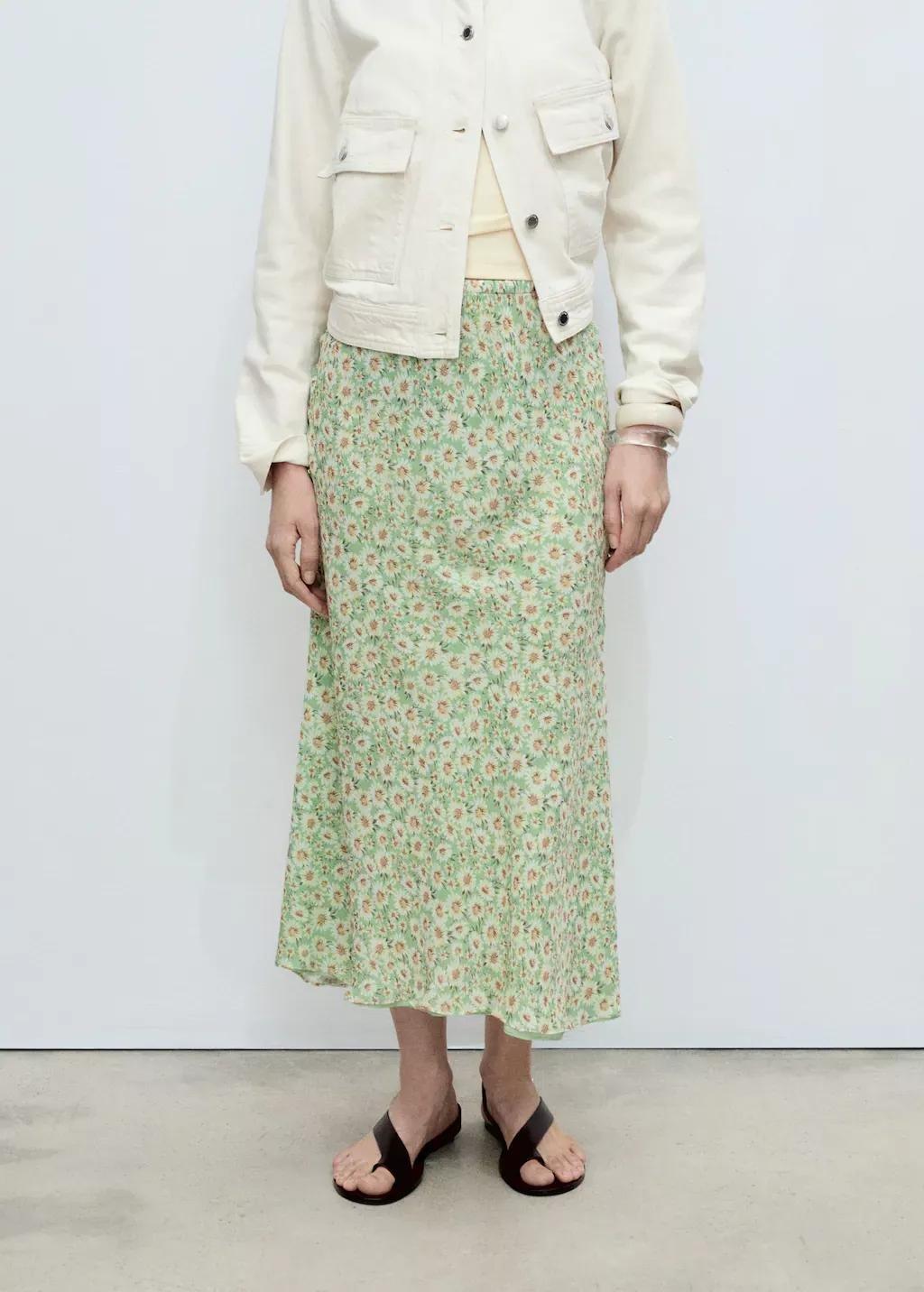 Green Long Floral Flared Skirt, , medium