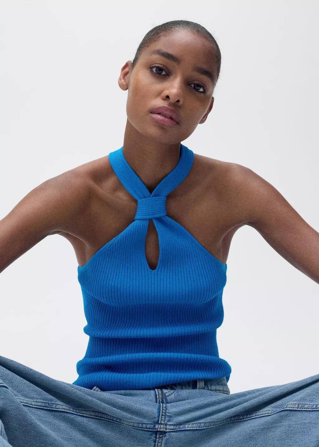 TURQUOISE - AQUA Halter-neck top with knot detail, , large image number 0