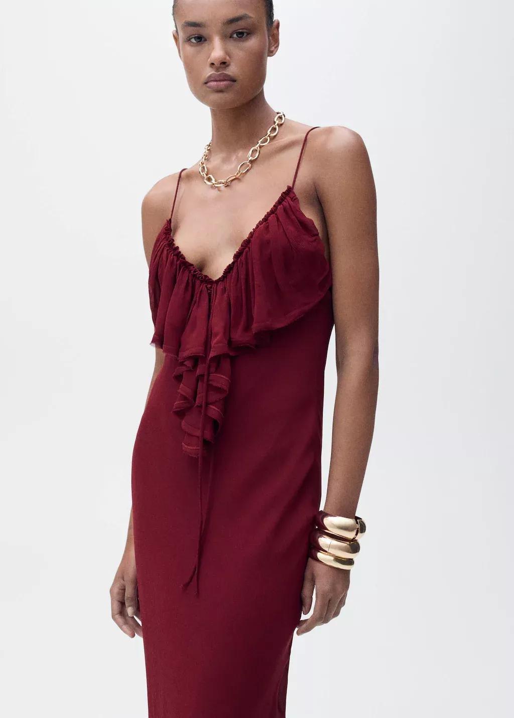 Red Chiffon Dress With Ruffle Detail, , medium