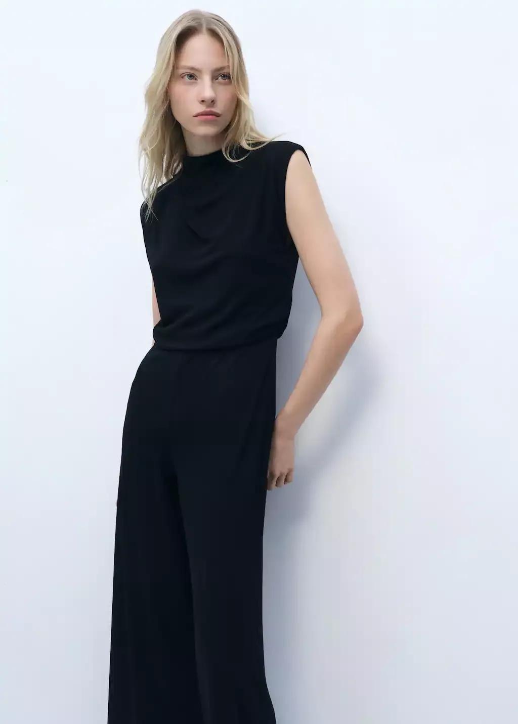 Black Straight-Fit Jumpsuit With Draped Neckline, , large image number 0
