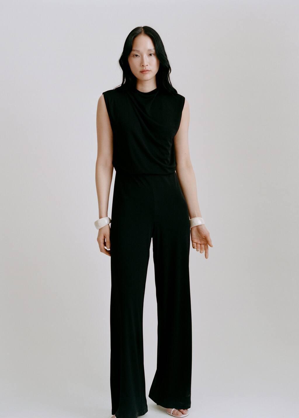 Black Straight-Fit Jumpsuit With Draped Neckline, , large image number 5