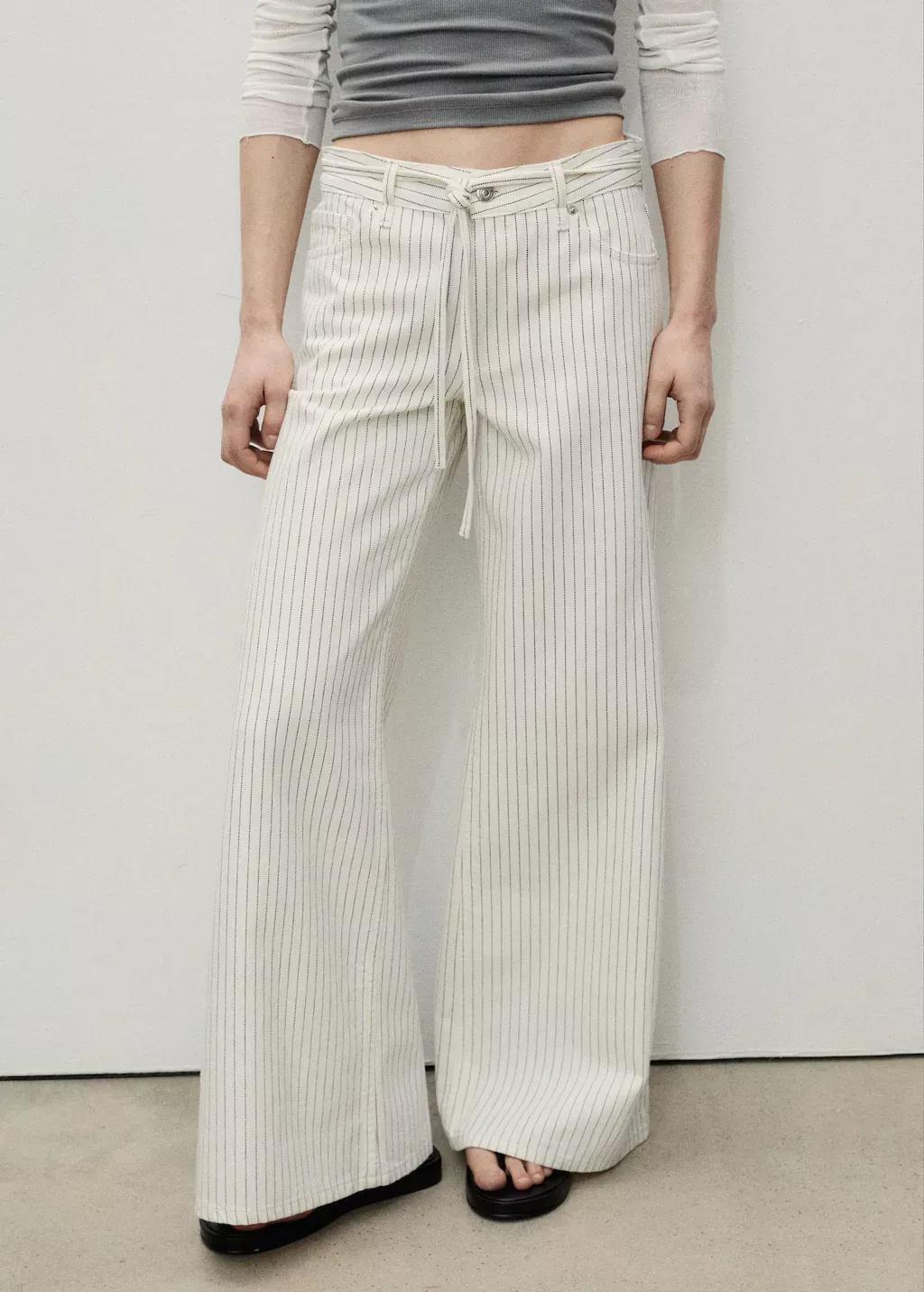 White Wideleg Jeans With Stripes And Belt, , large image number 0