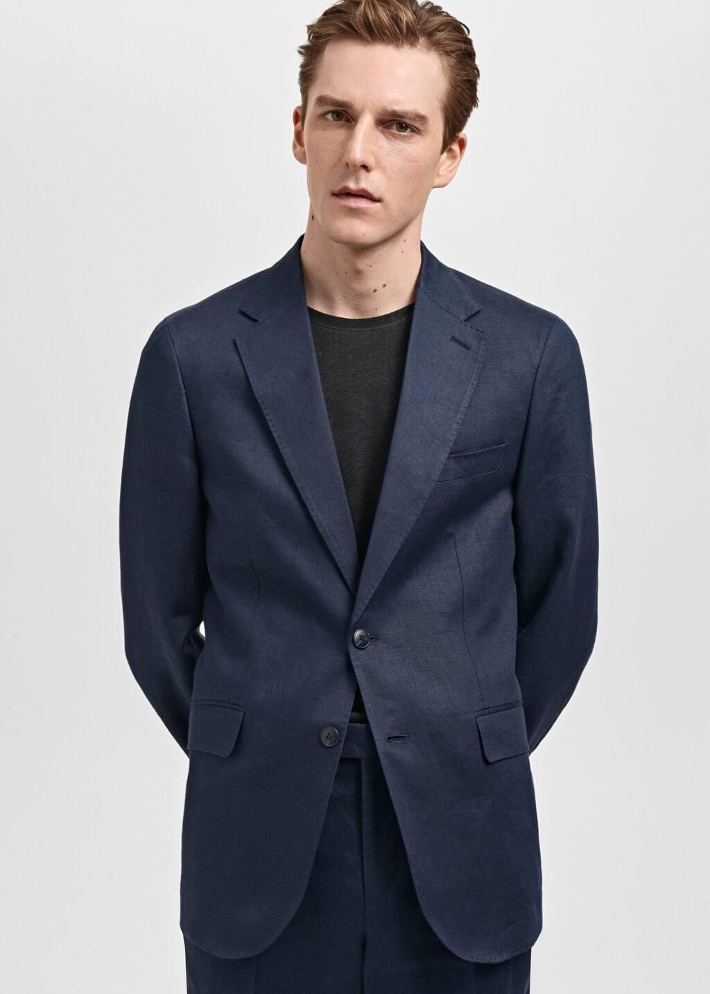 Navy 100% Linen Slim-Fit Suit Jacket, , large image number 5