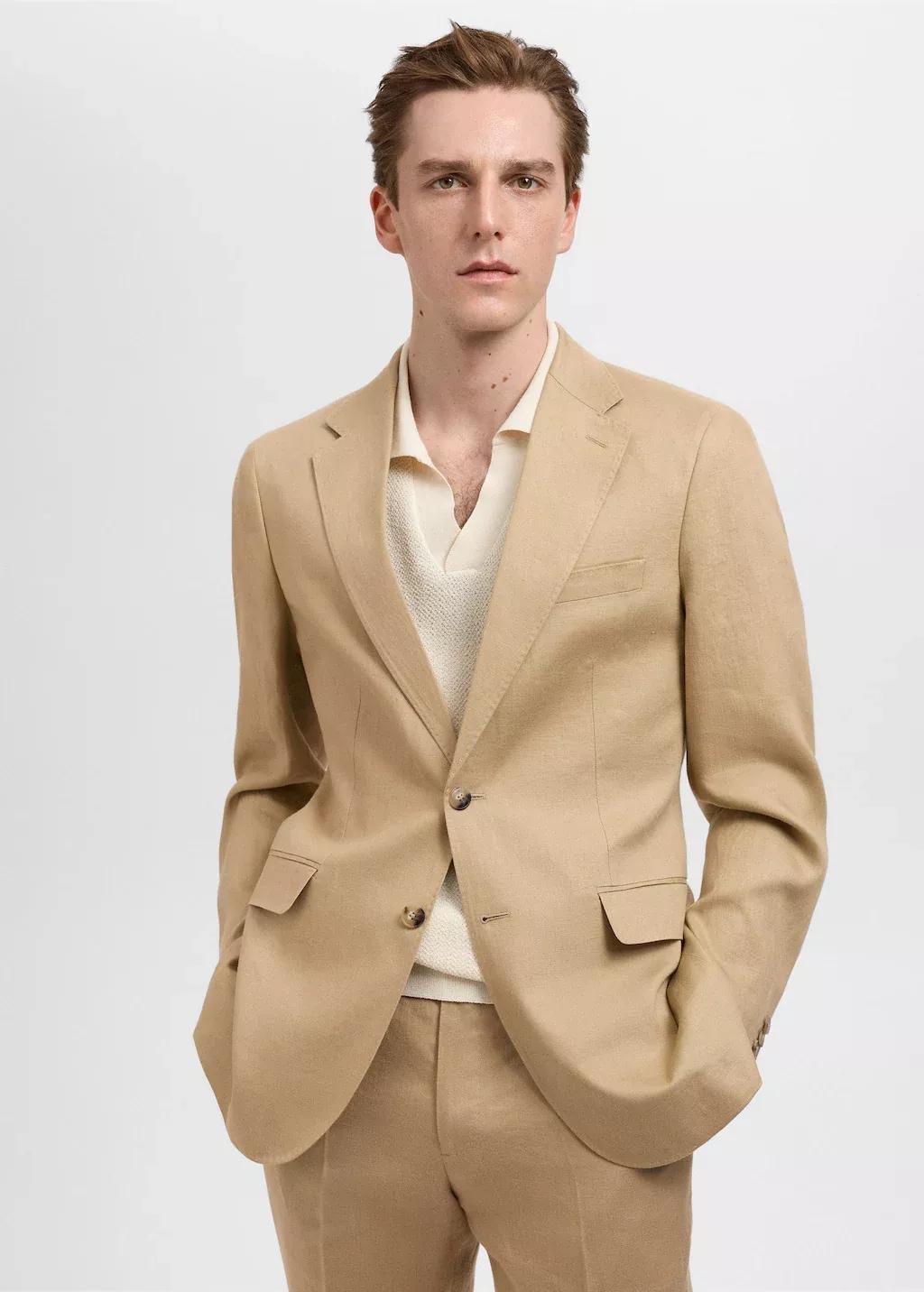 Beige 100% Linen Slim-Fit Suit Jacket, , medium