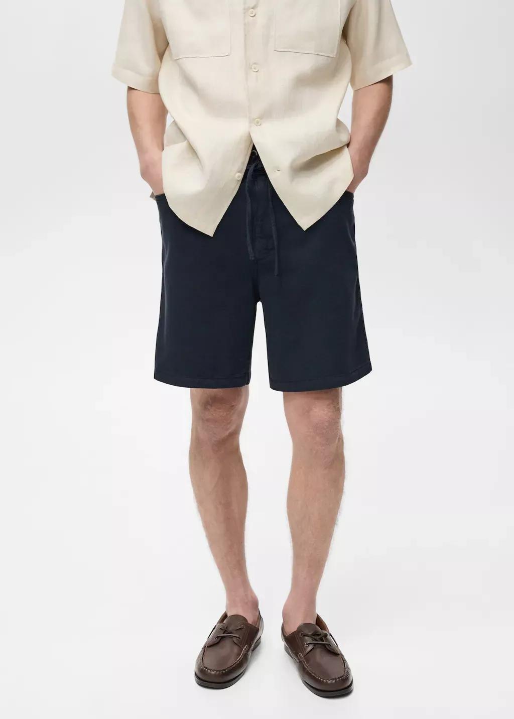 Navy Denim Bermuda Shorts With Drawstring, , large image number 0