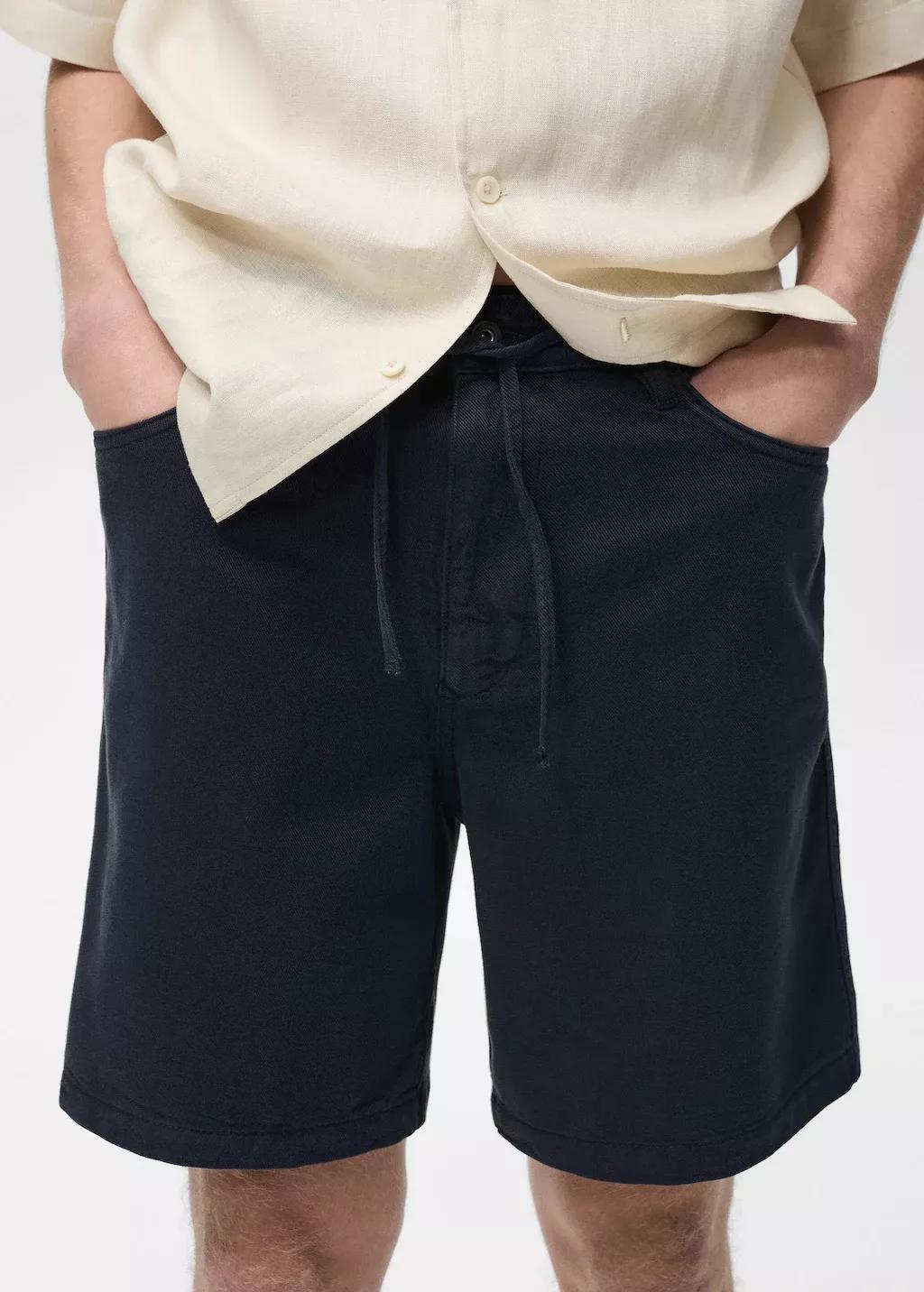 Navy Denim Bermuda Shorts With Drawstring, , large image number 1