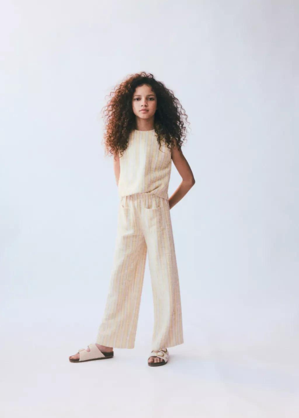 Yellow Striped Textured Trousers Regular, Kids Girls, , large image number 3