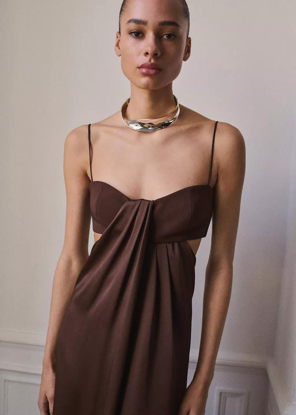 BROWN Satin dress with side slits, , large image number 0
