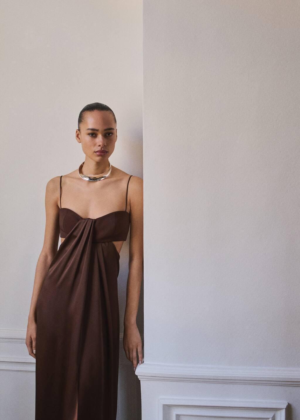 BROWN Satin dress with side slits, , large image number 1