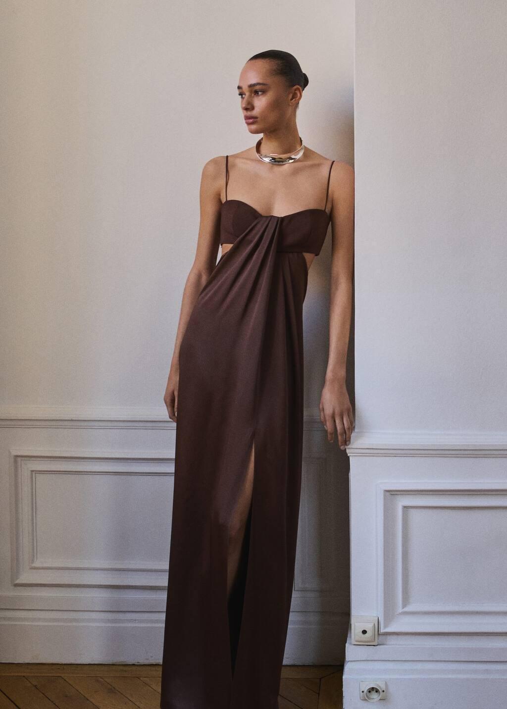 BROWN Satin dress with side slits, , large image number 2