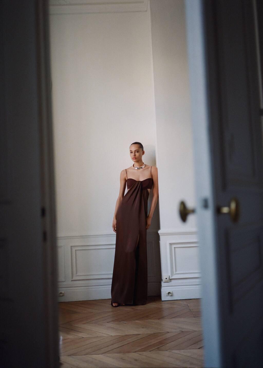 BROWN Satin dress with side slits, , large image number 6