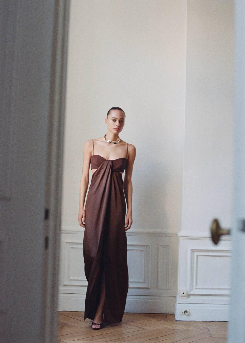 BROWN Satin dress with side slits, , large image number 8