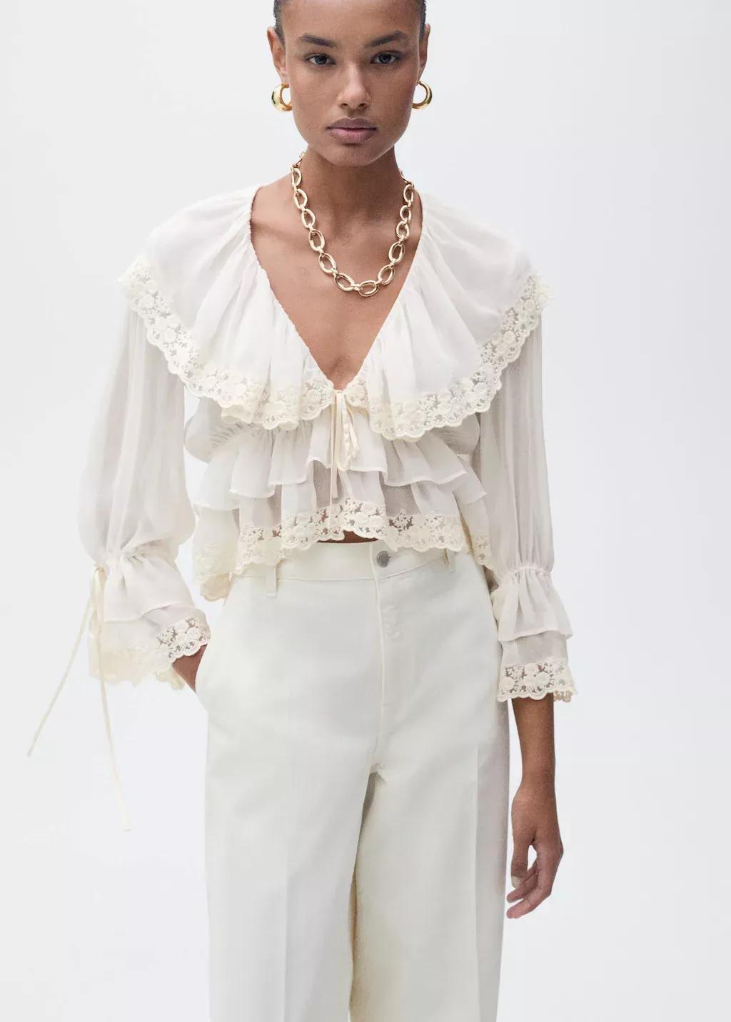 Beige Lace Details Ruffle Blouse, , large image number 0