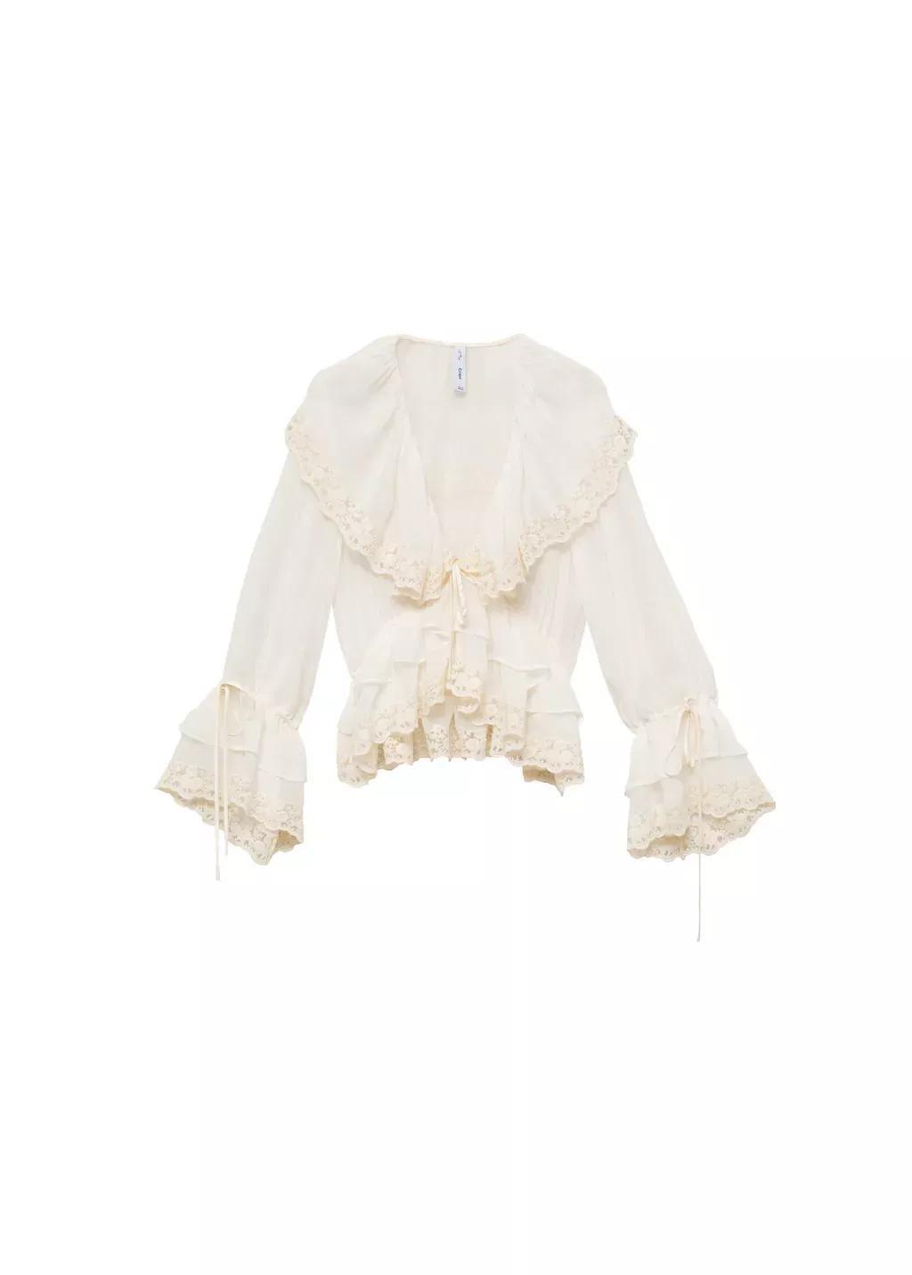 Beige Lace Details Ruffle Blouse, , large image number 3