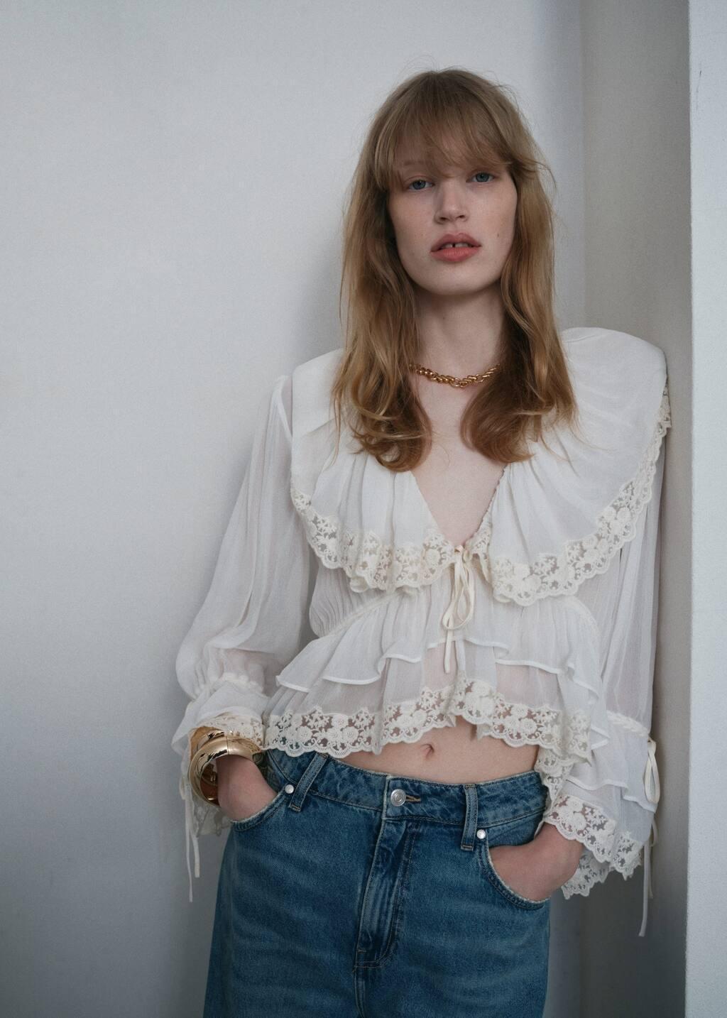 Beige Lace Details Ruffle Blouse, , large image number 5
