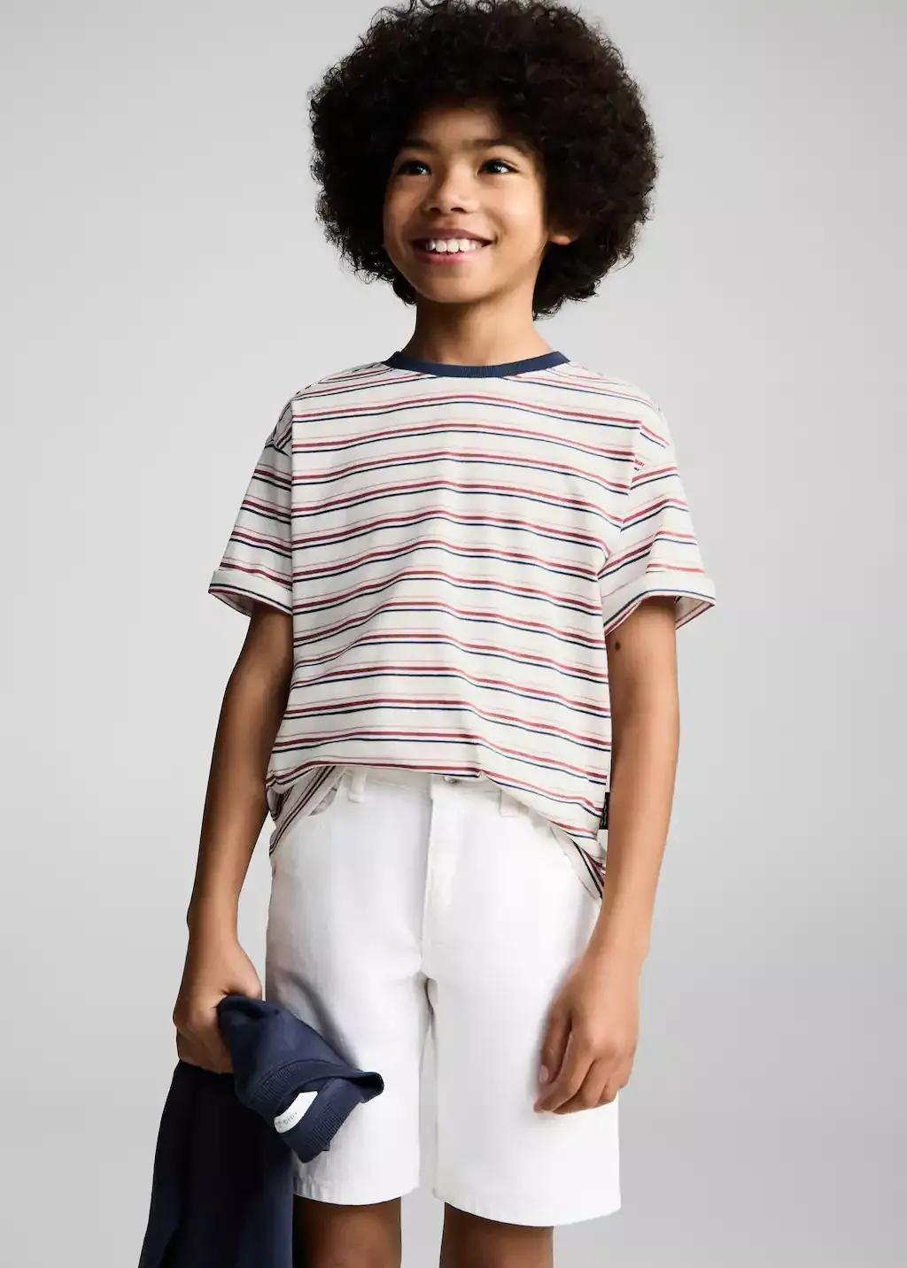 White Striped Cotton T-Shirt, Kids Boy, , large image number 1