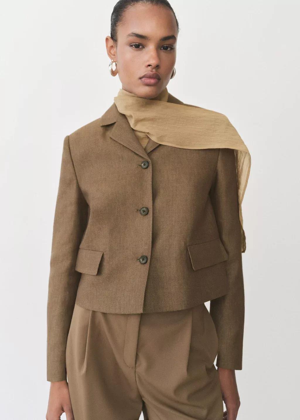 Brown Linen-Blend Cropped Jacket, , large image number 0