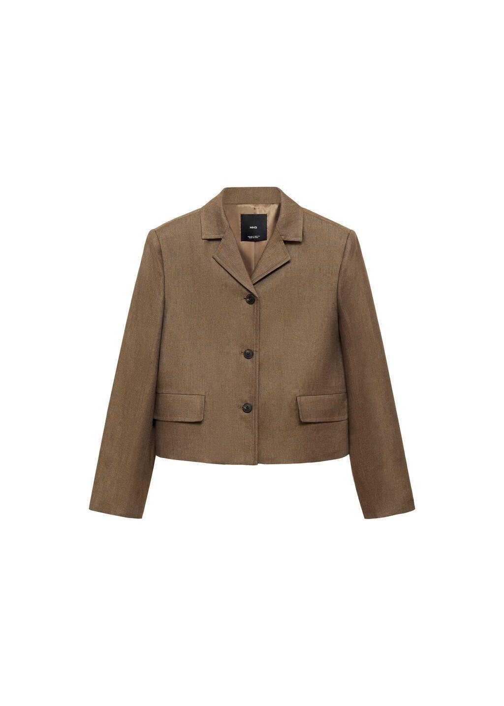 Brown Linen-Blend Cropped Jacket, , large image number 3