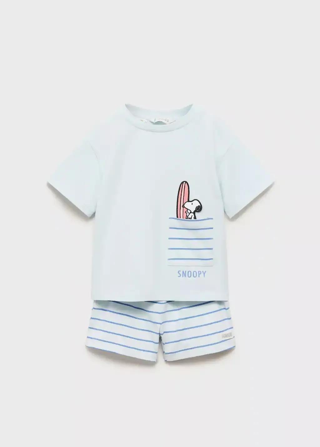 Turquoise Snoopy Short Pyjamas, Baby Boy, , large image number 0