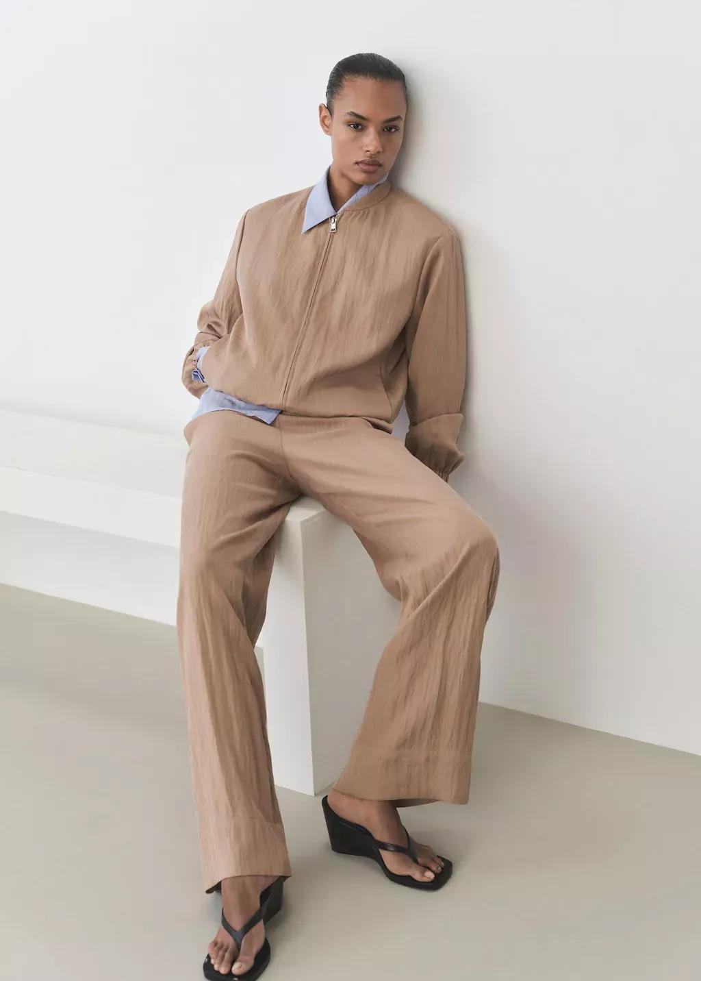 Brown Straight Lyocell Texture Pants, , large image number 2