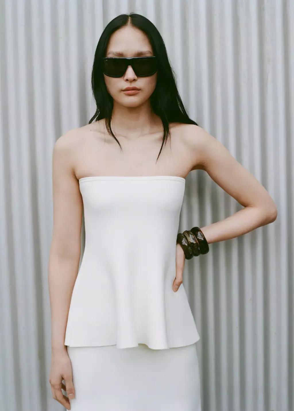 Beige Plain Knit Cropped Top, , large image number 5