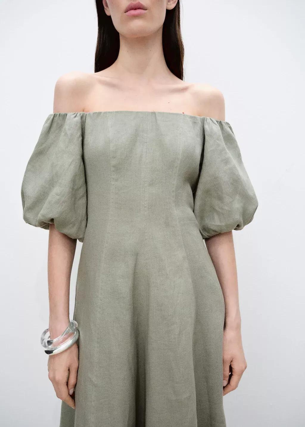 Green Puffed-Sleeve Linen Dress, , medium