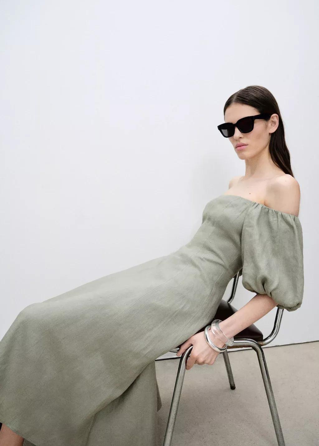 Green Puffed-Sleeve Linen Dress, , large image number 1