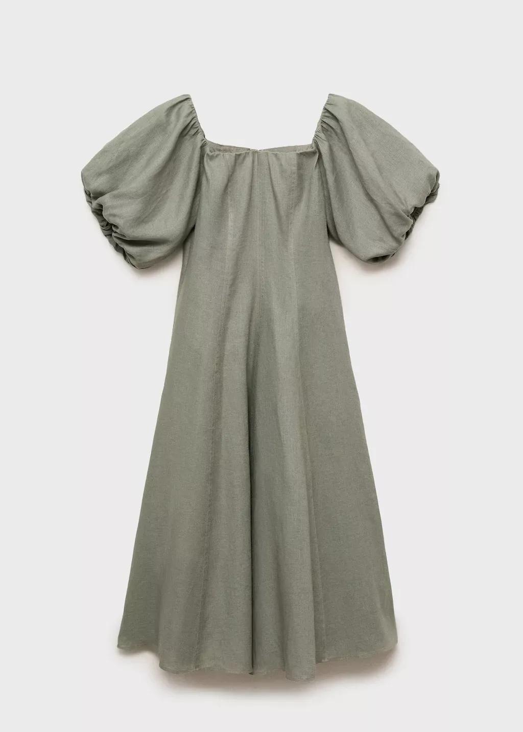 Green Puffed-Sleeve Linen Dress, , large image number 5