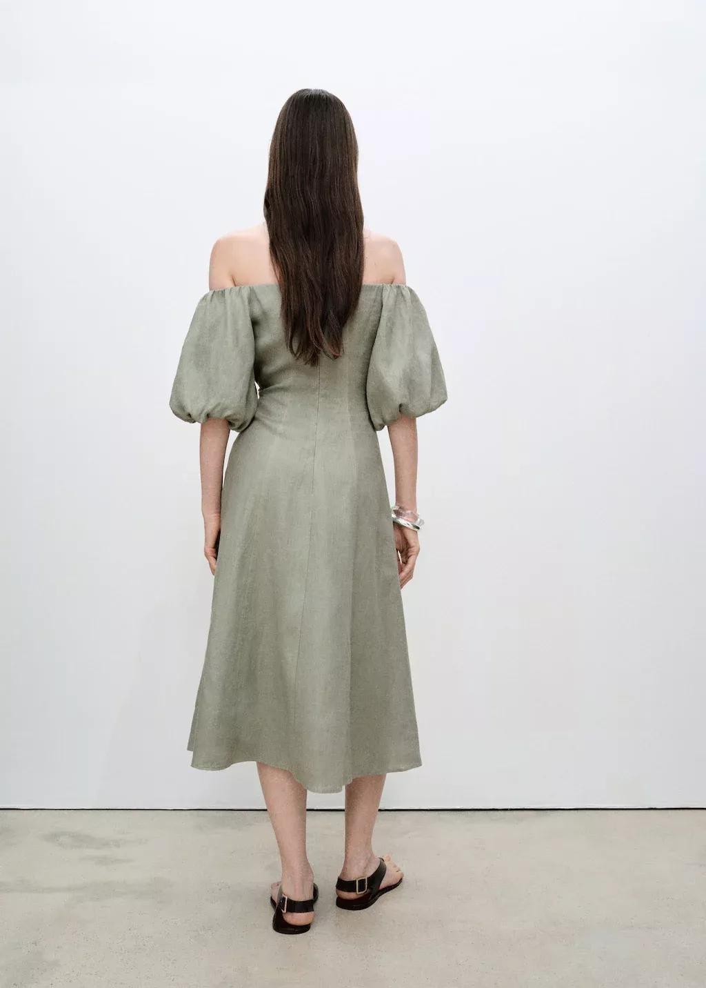 Green Puffed-Sleeve Linen Dress, , large image number 6