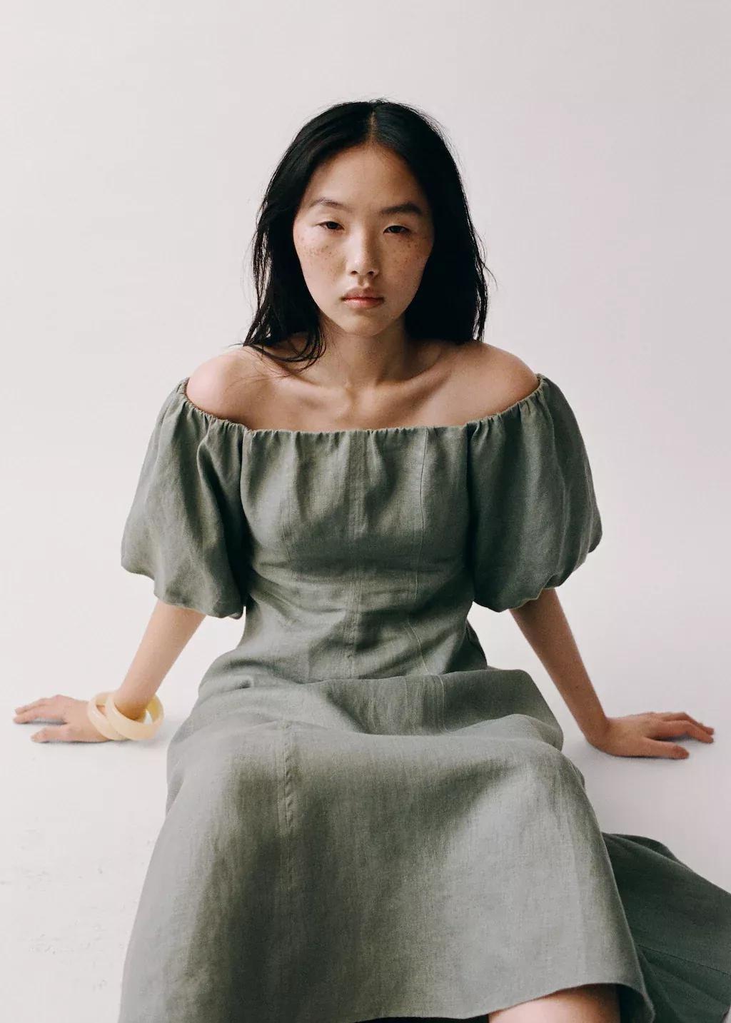 Green Puffed-Sleeve Linen Dress, , large image number 7