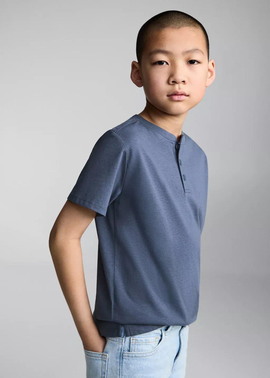 Blue Buttoned Cotton T-Shirt, Kids Boy, , medium