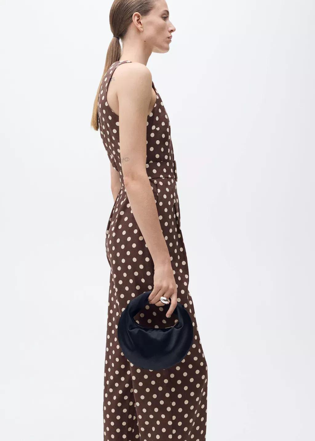 DARK BROWN Linen jumpsuit with polka-dots and belt, , large image number 0
