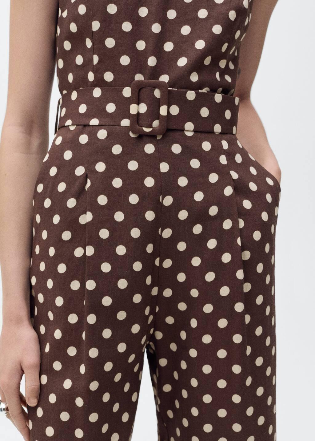 DARK BROWN Linen jumpsuit with polka-dots and belt, , large image number 4