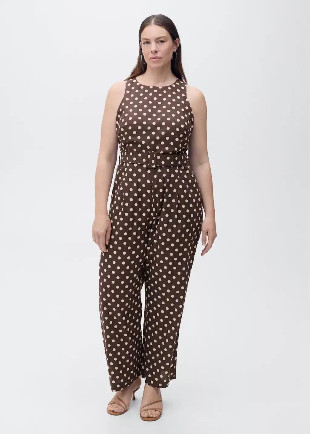 DARK BROWN Linen jumpsuit with polka-dots and belt, , large image number 5