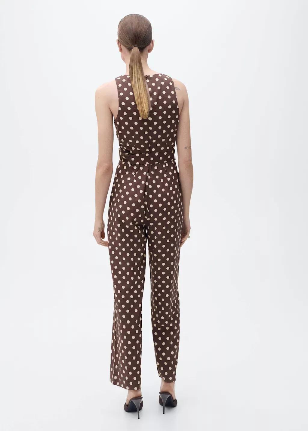 DARK BROWN Linen jumpsuit with polka-dots and belt, , large image number 8