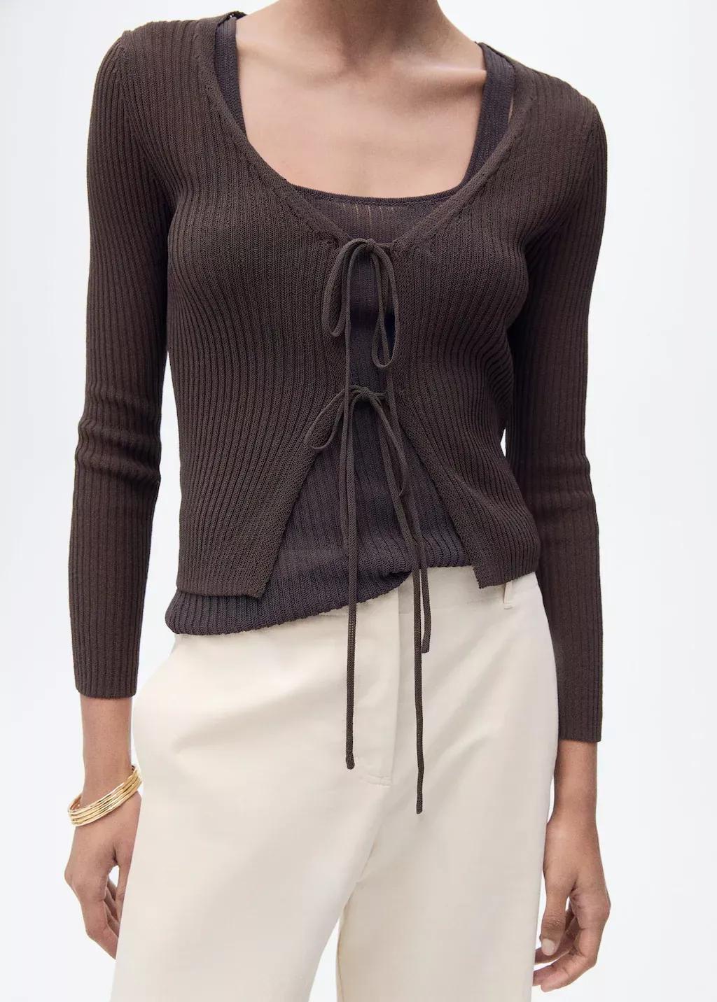 Brown Rib-Knit Cardigan With Bows, , large image number 0