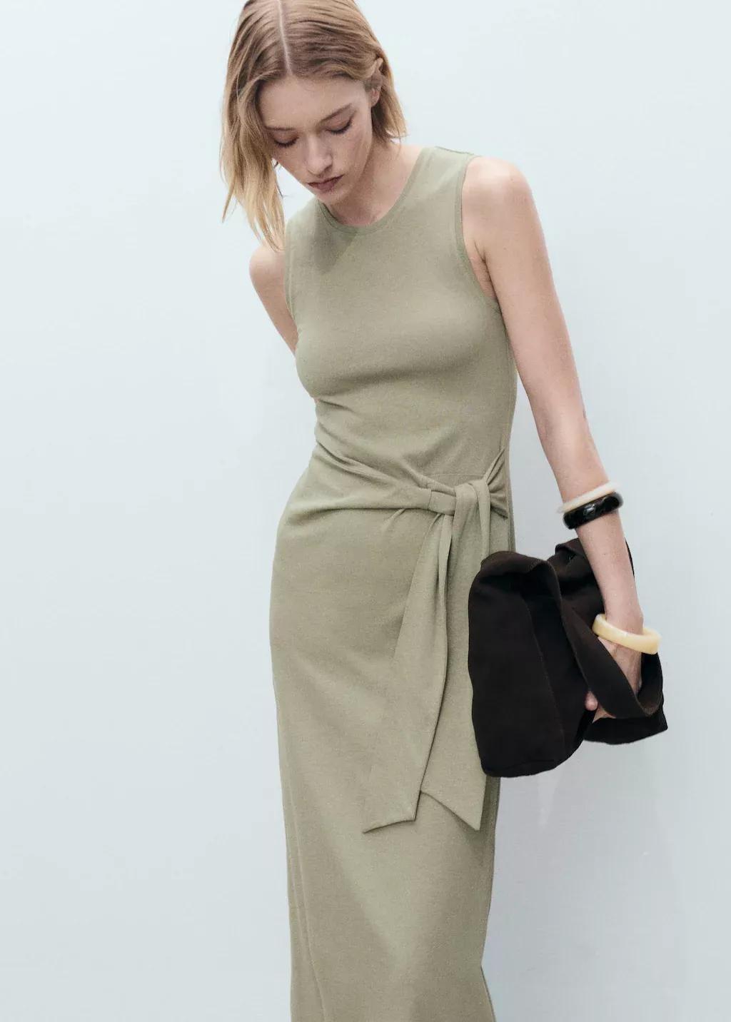 Khaki Cotton Midi-Dress With Knot Detail, , large image number 0
