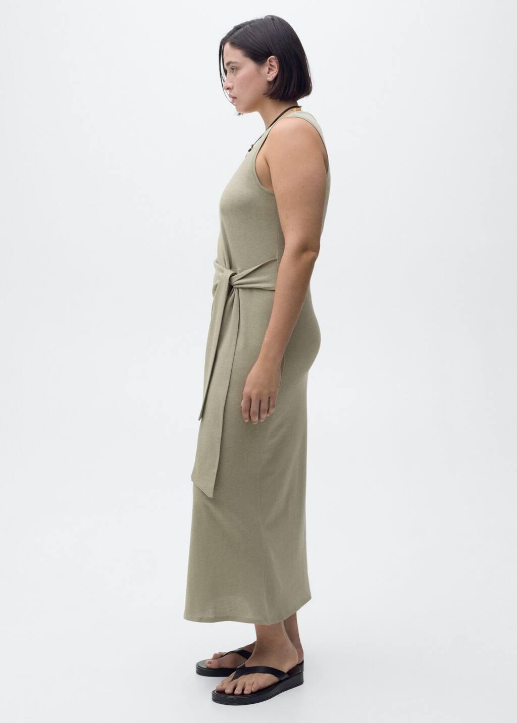 Khaki Cotton Midi-Dress With Knot Detail, , large image number 3