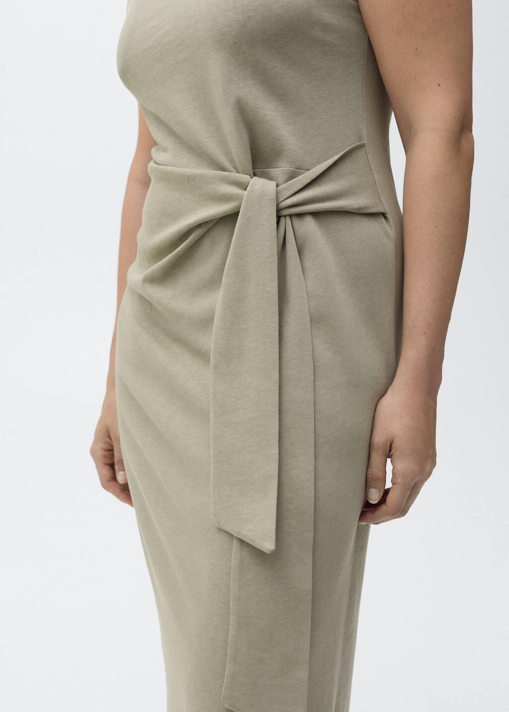 Khaki Cotton Midi-Dress With Knot Detail, , large image number 6