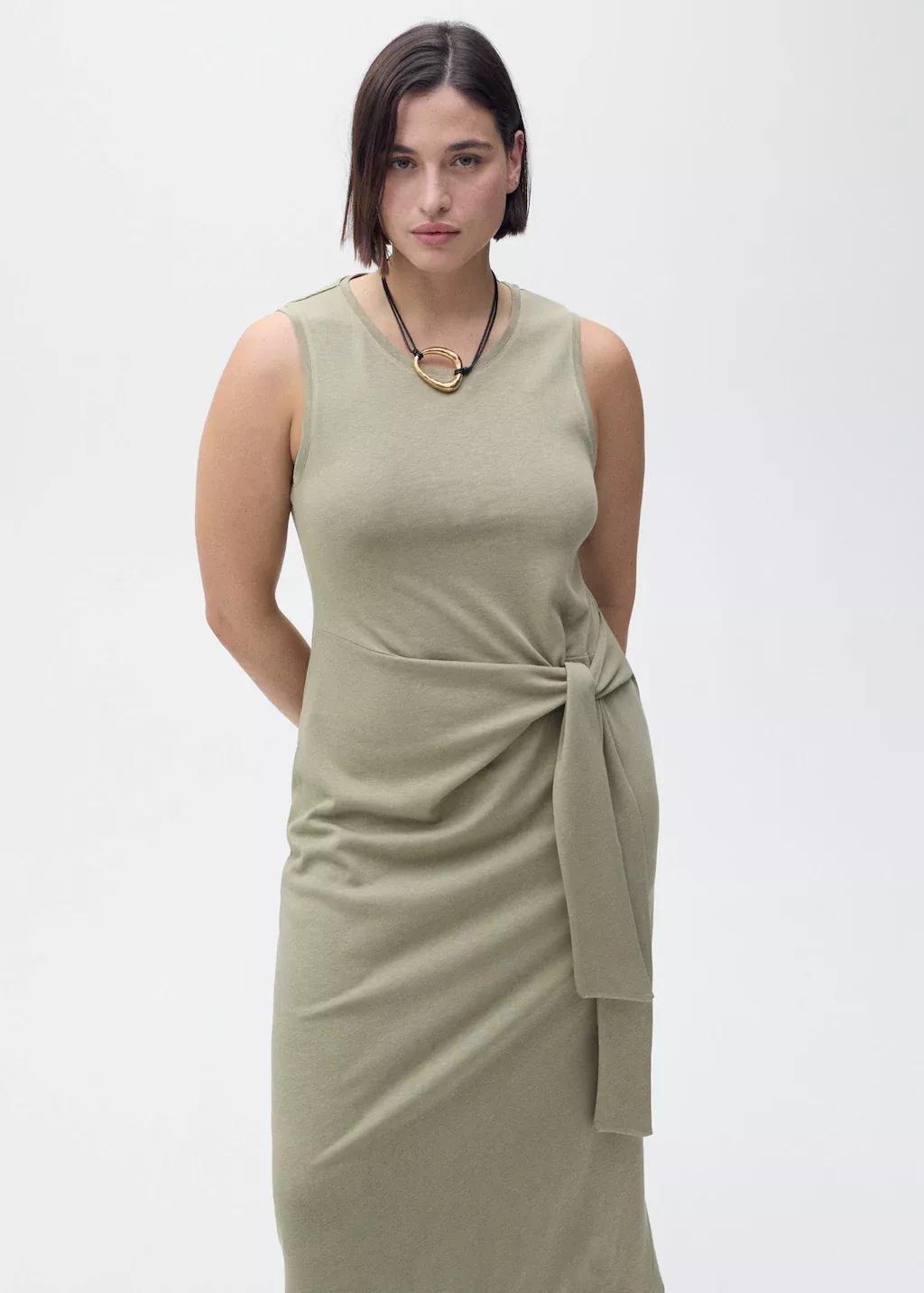 Khaki Cotton Midi-Dress With Knot Detail, , large image number 7