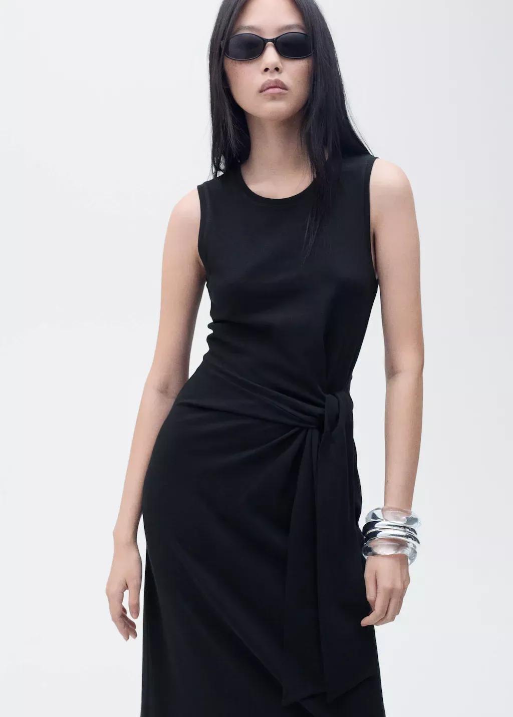 Black Cotton Midi-Dress With Knot Detail, , large image number 0