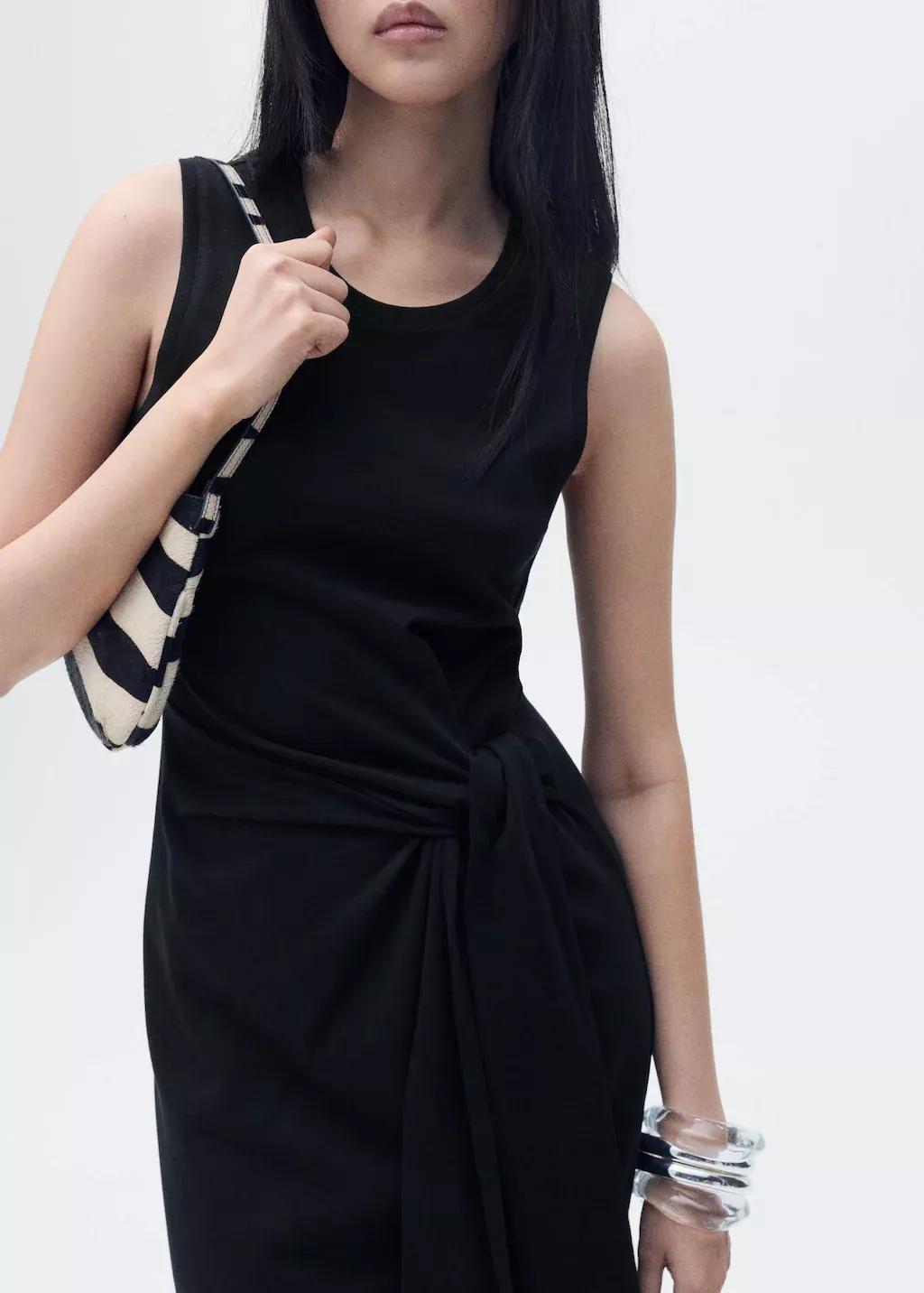 Black Cotton Midi-Dress With Knot Detail, , large image number 4