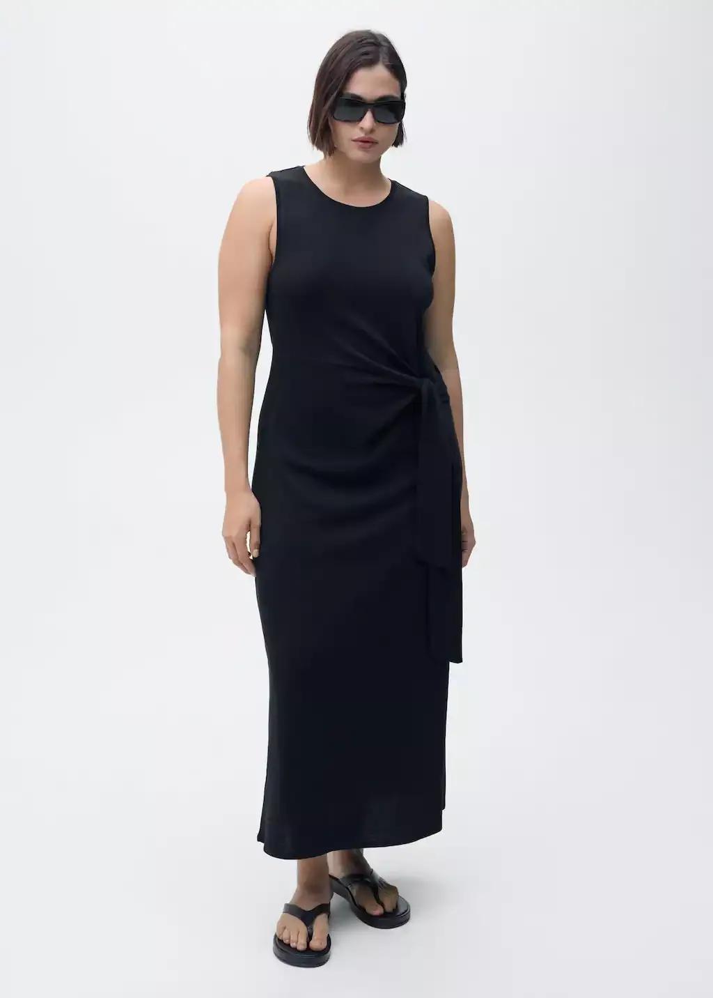 Black Cotton Midi-Dress With Knot Detail, , large image number 5