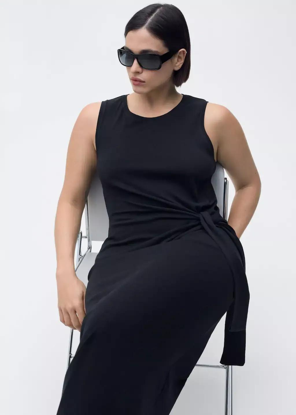 Black Cotton Midi-Dress With Knot Detail, , large image number 7